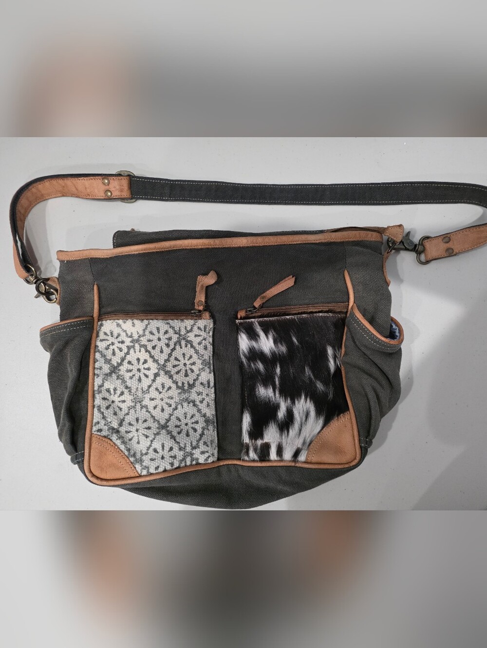 Canvas Crossbody Bag messenger-style featuring upcycled canvas and leather strap